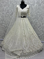 Endearing White Pearl Work Net Party Wear Lehenga Choli With Dupatta