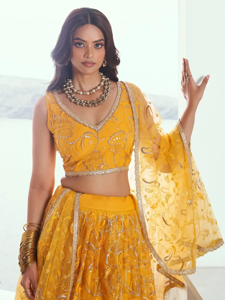 Endearing Yellow Color Embroidered Net Function Wear Lehenga Choli - Ethnic Plus In