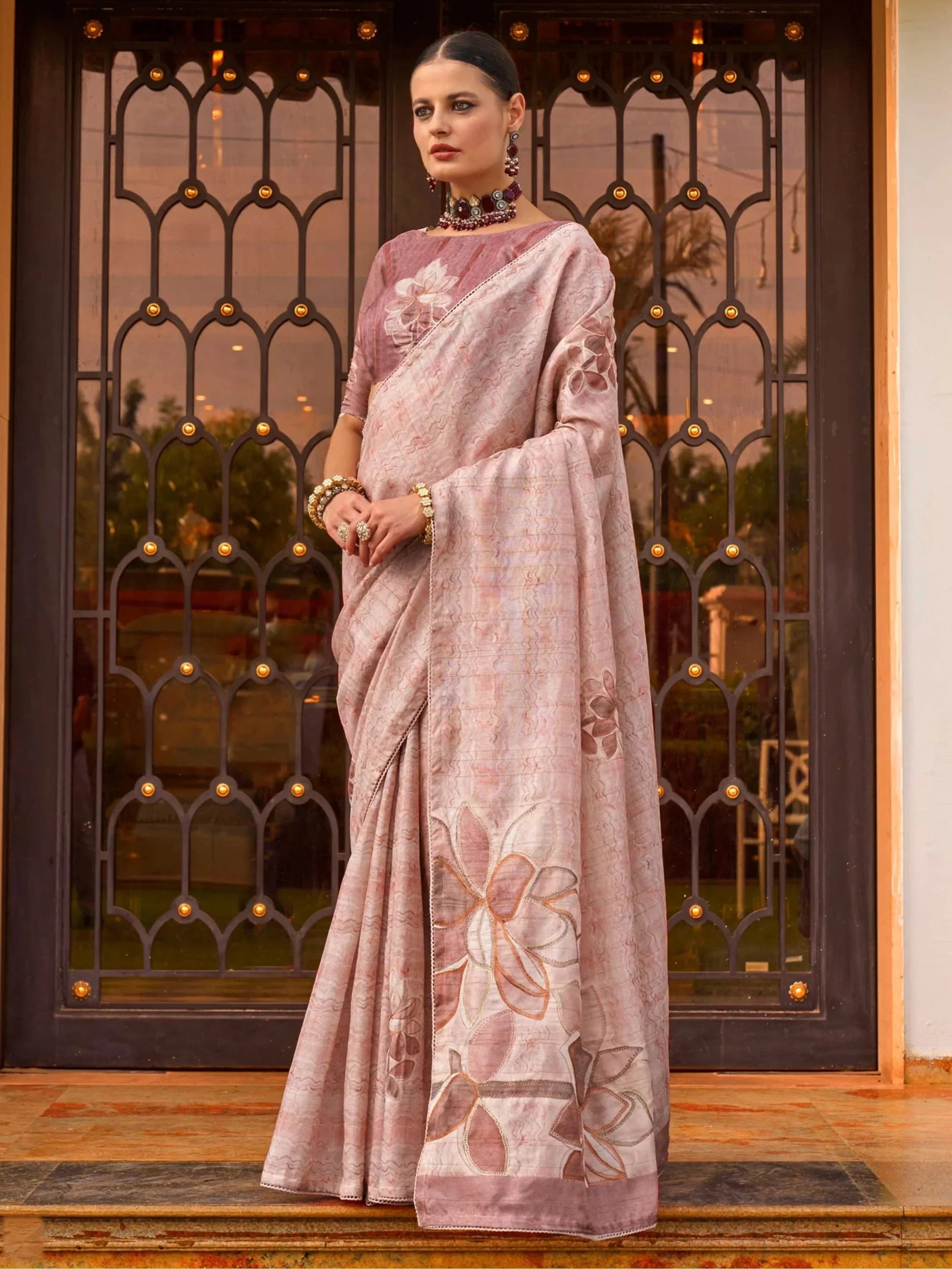 Majestic Dusty Pink Color Printed Silk Function Wear Saree With Blouse