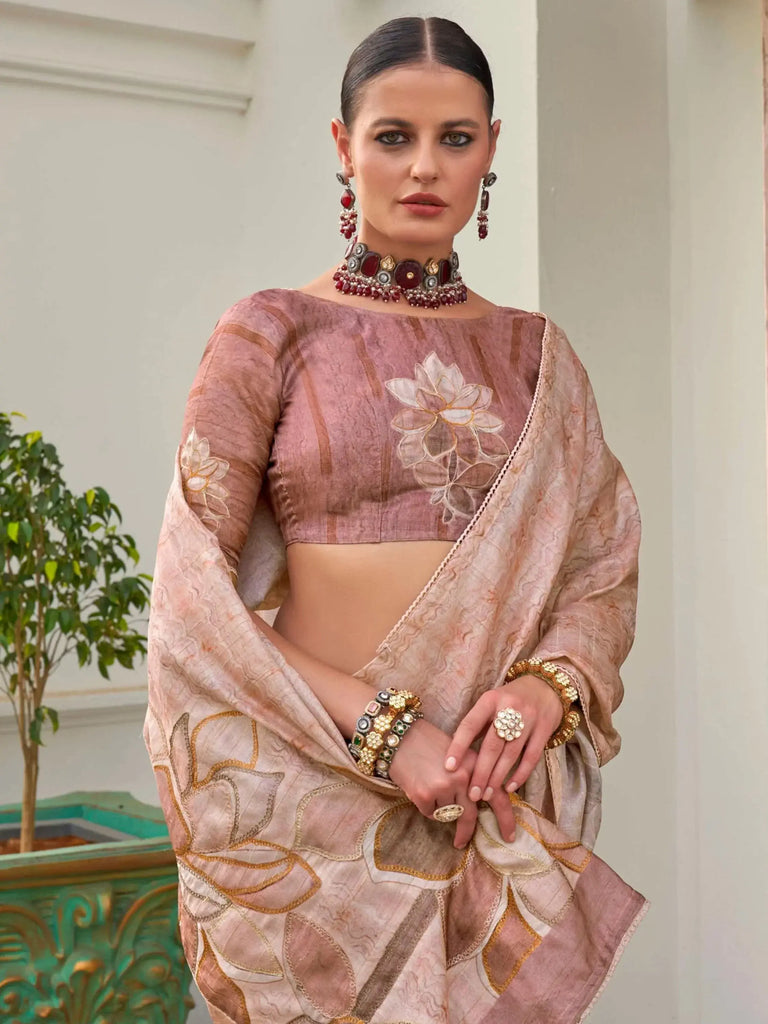 Majestic Dusty Pink Color Printed Silk Function Wear Saree With Blouse