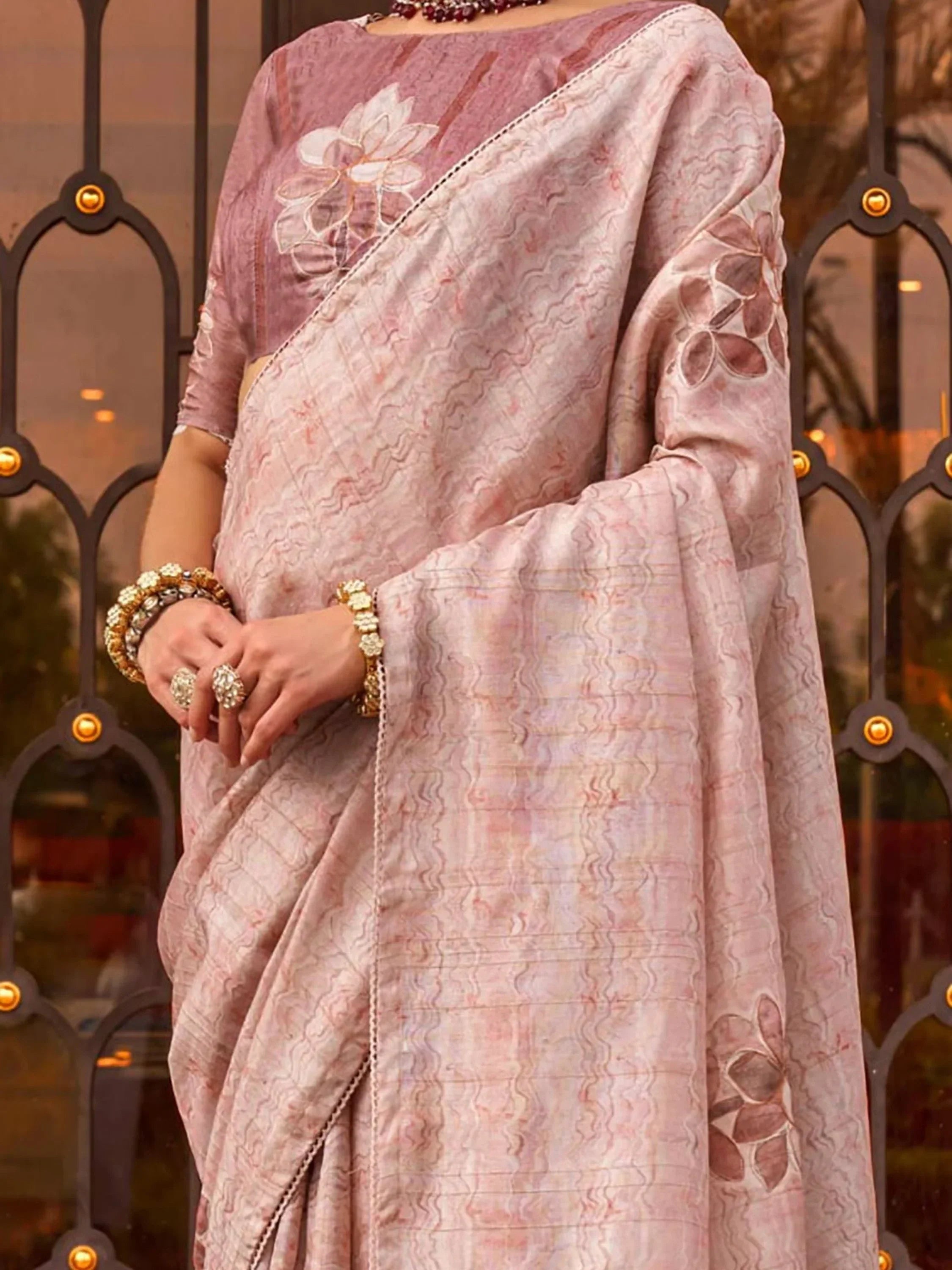 Majestic Dusty Pink Color Printed Silk Function Wear Saree With Blouse
