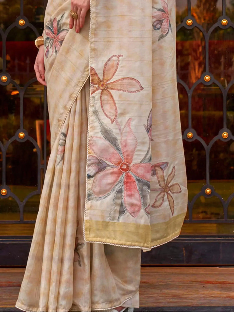 Adorable Off White Color Printed Silk Festival Wear Saree With Blouse