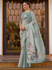 Endearing Sky Blue Color Printed Silk Casual Wear Saree With Blouse