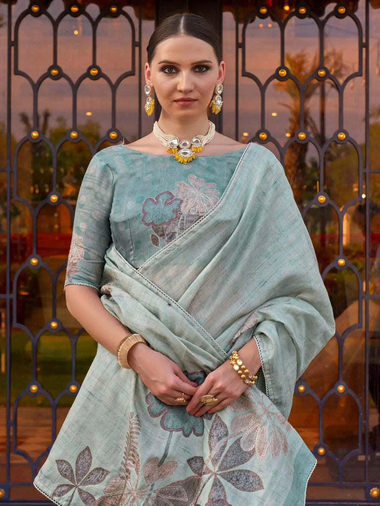 Endearing Sky Blue Color Printed Silk Casual Wear Saree With Blouse