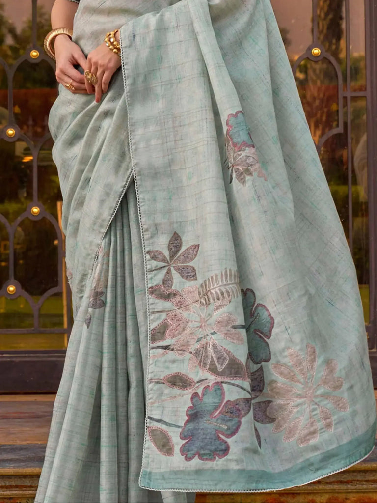 Endearing Sky Blue Color Printed Silk Casual Wear Saree With Blouse