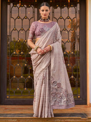 Attractive Dusty Purple Color Printed Silk Event Wear Saree With Blouse