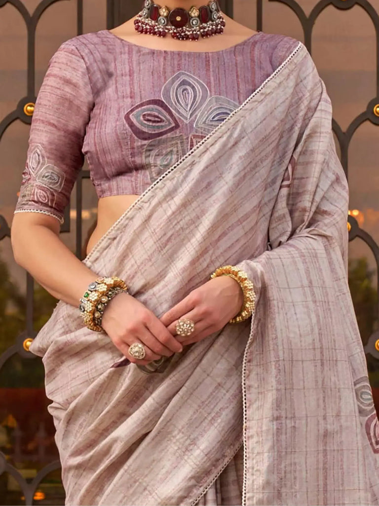 Attractive Dusty Purple Color Printed Silk Event Wear Saree With Blouse