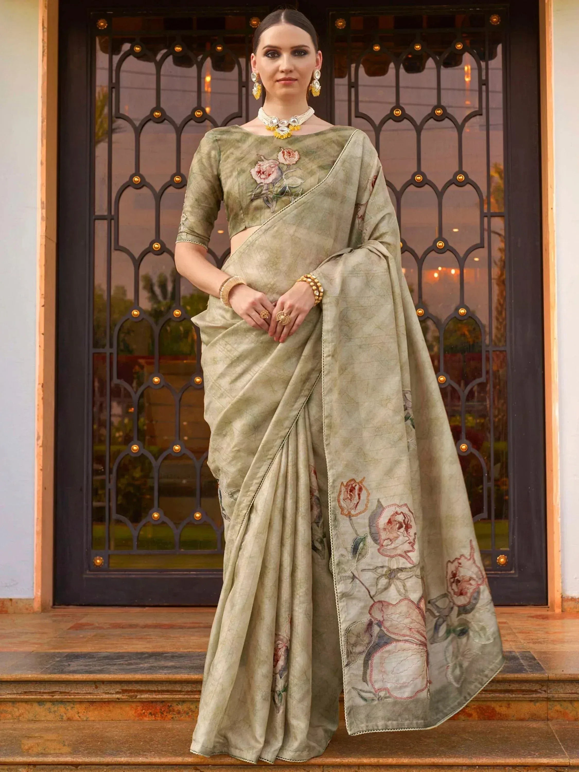 Olive green floral embroidered saree with matching blouse, perfect for Indian ethnic wear occasions.