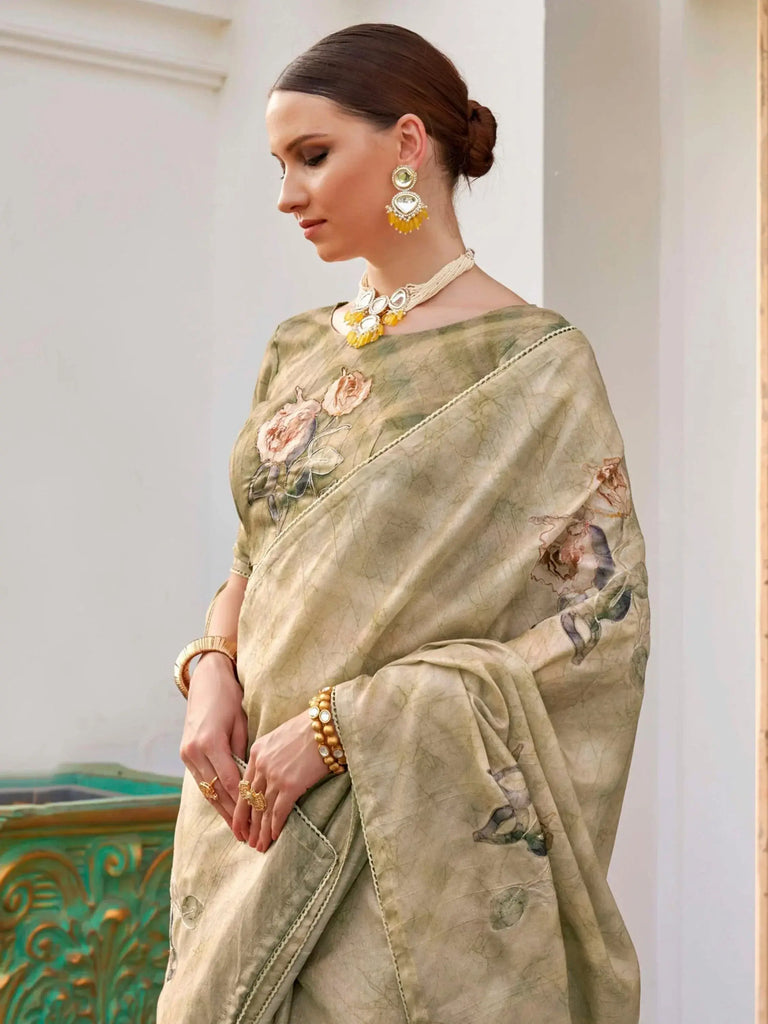 Beautiful Olive Green Color Printed Silk Festival Wear Saree With Blouse