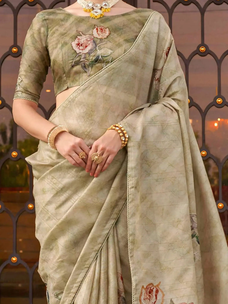 Beautiful Olive Green Color Printed Silk Festival Wear Saree With Blouse