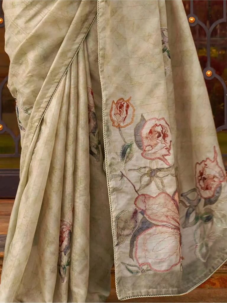 Beautiful Olive Green Color Printed Silk Festival Wear Saree With Blouse