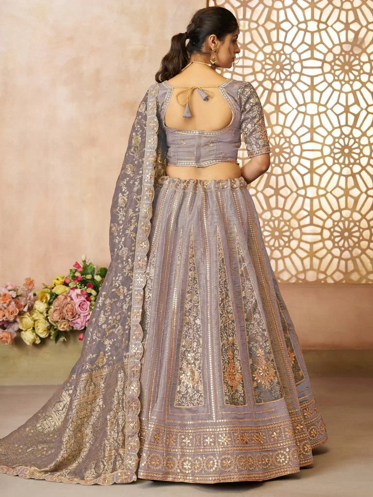 Excellent Lilac Patch Work Tissue Silk Bridesmaid Lehenga Choli - Ethnic Plus In