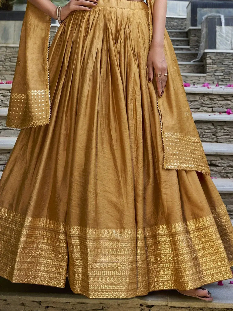 Excellent Mustard Yellow Zari Weaving Chanderi Silk Haldi Wear Lehenga Choli - Ethnic Plus In