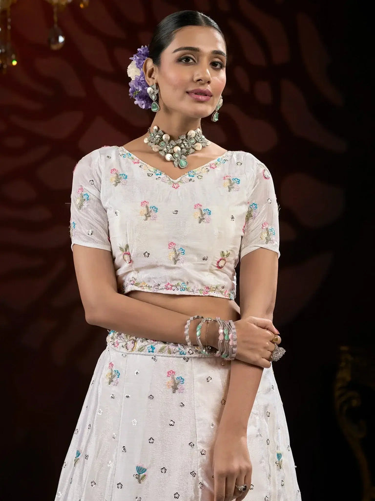 Excellent Off - White Thread Embroidered Net Lehenga Choli With Dupatta - Ethnic Plus In