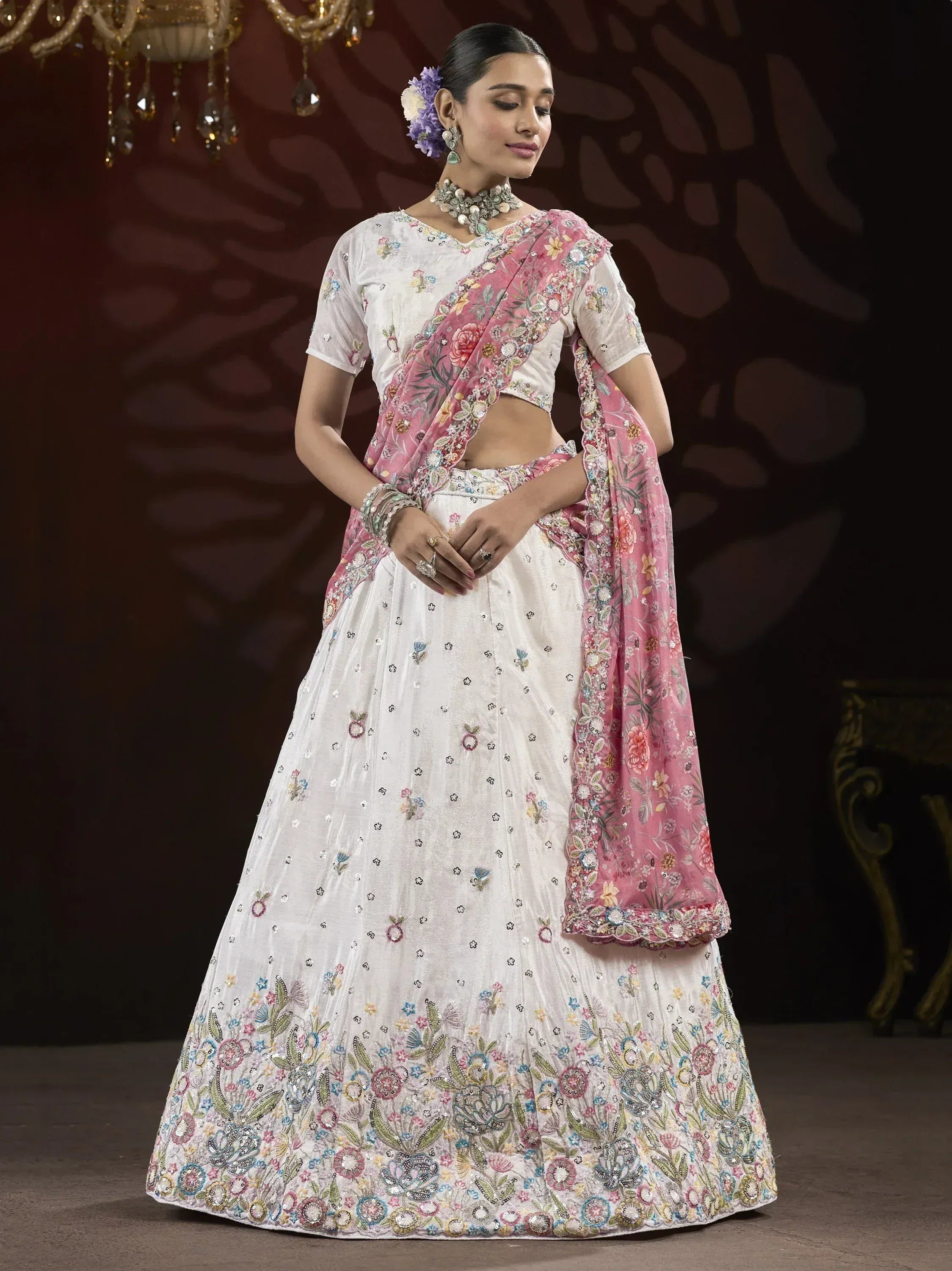 White floral embroidered lehenga choli with pink dupatta, Indian ethnic wear for weddings and parties