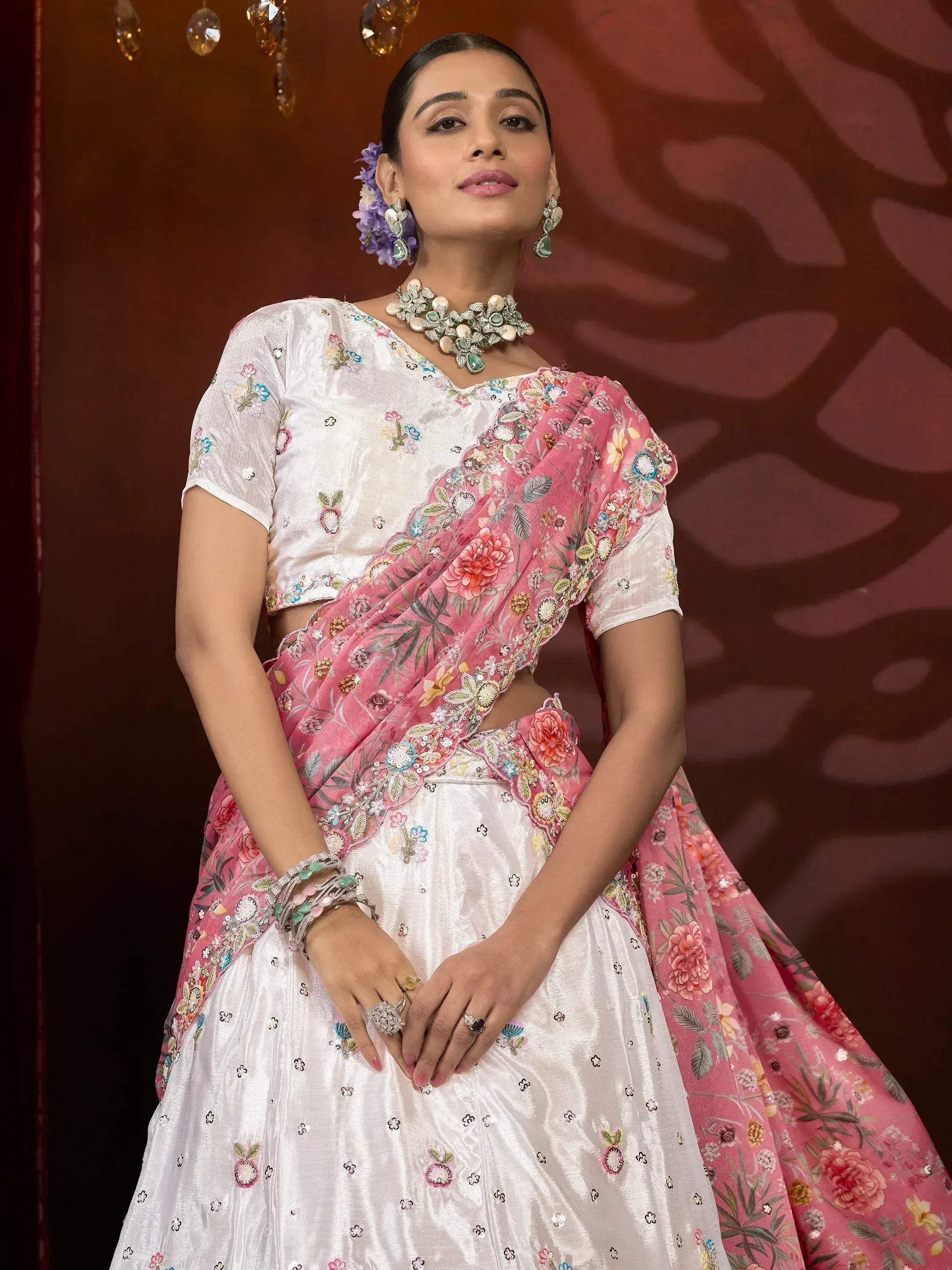 White floral lehenga choli with pink embroidered dupatta, perfect for Indian ethnic occasions