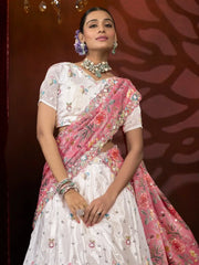 Excellent Off - White Thread Embroidered Net Lehenga Choli With Dupatta - Ethnic Plus In