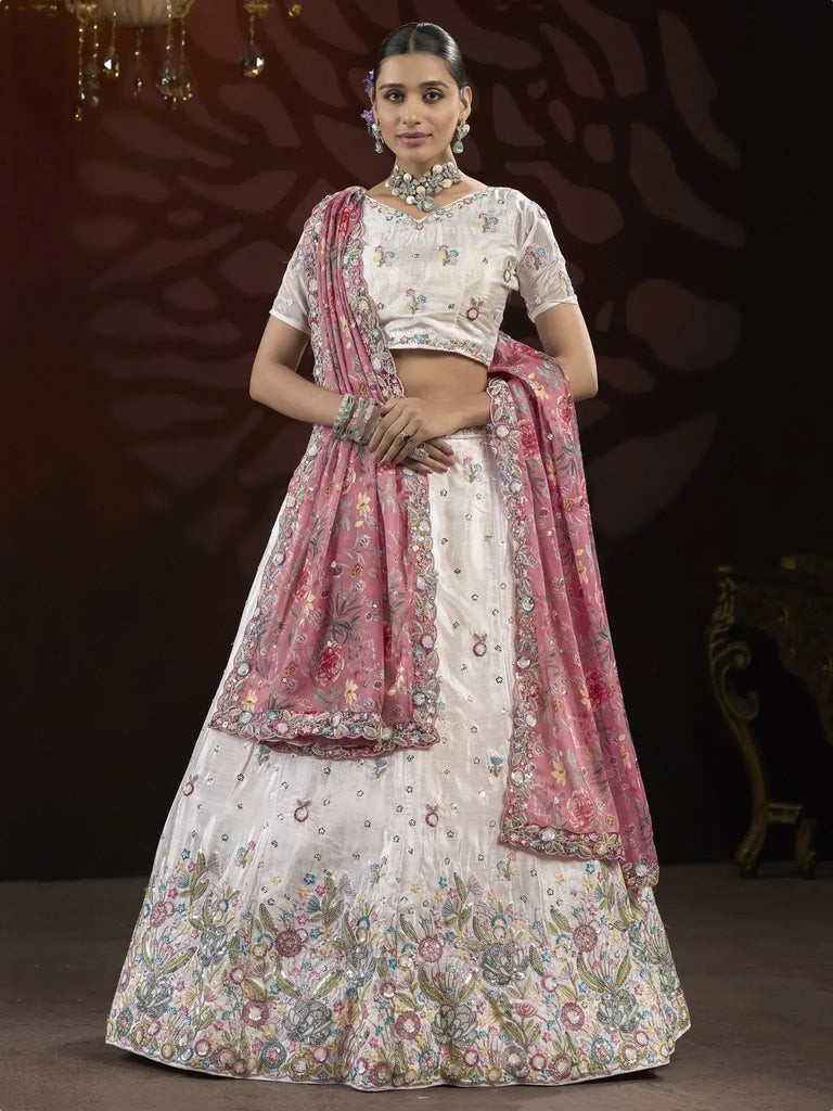 Excellent Off - White Thread Embroidered Net Lehenga Choli With Dupatta - Ethnic Plus In