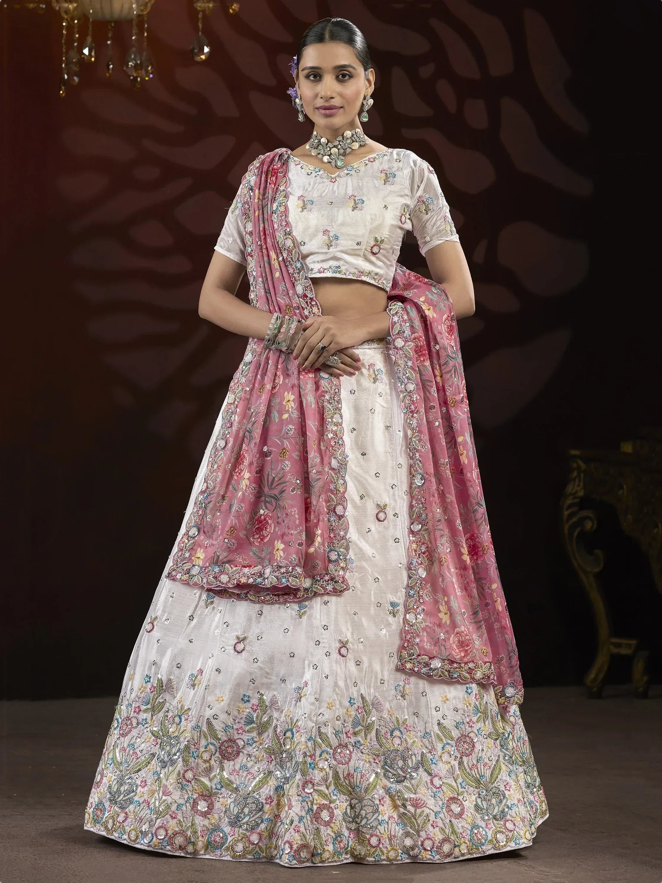 White floral embroidered lehenga choli with pink dupatta, designer Indian ethnic wear