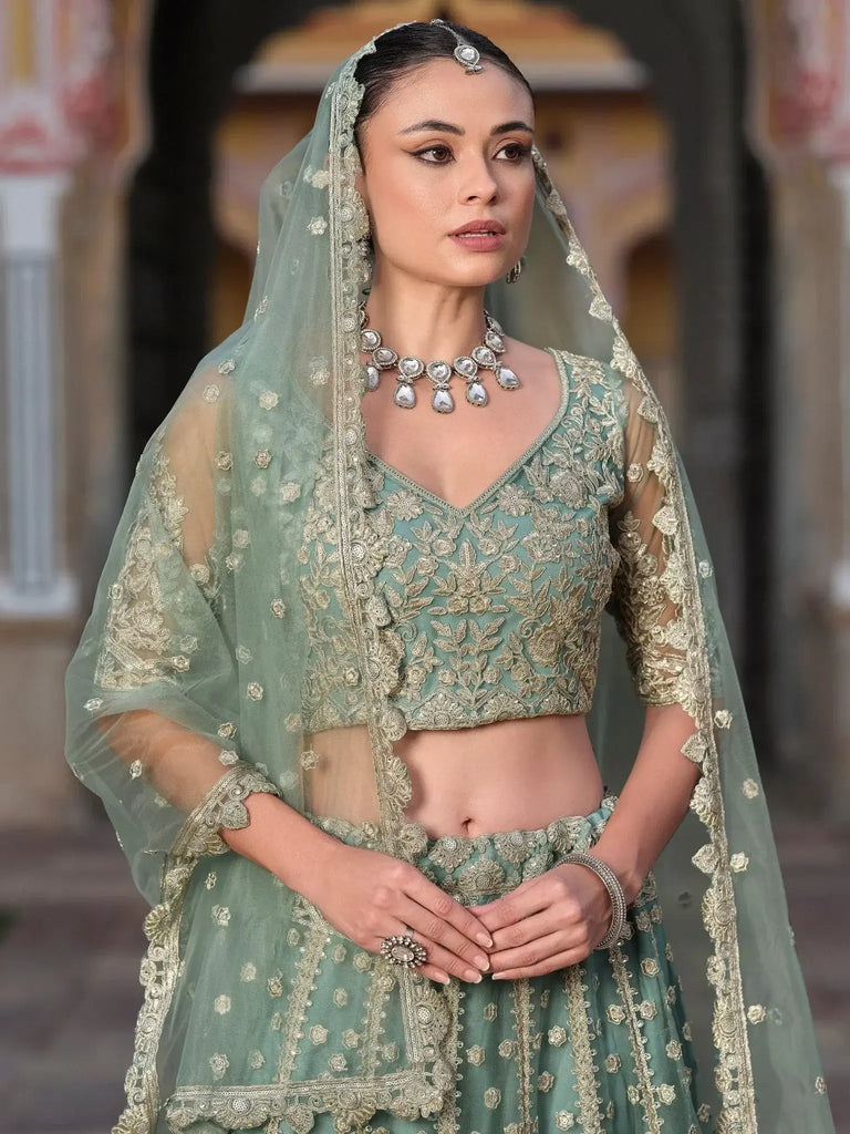 Excellent Pista - Green Embroidered Net Wedding Lehenga Choli - Ethnic Plus In