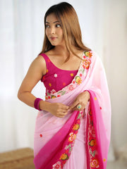 Excellent Pink Thread Embroidered Georgette Party Wear Saree