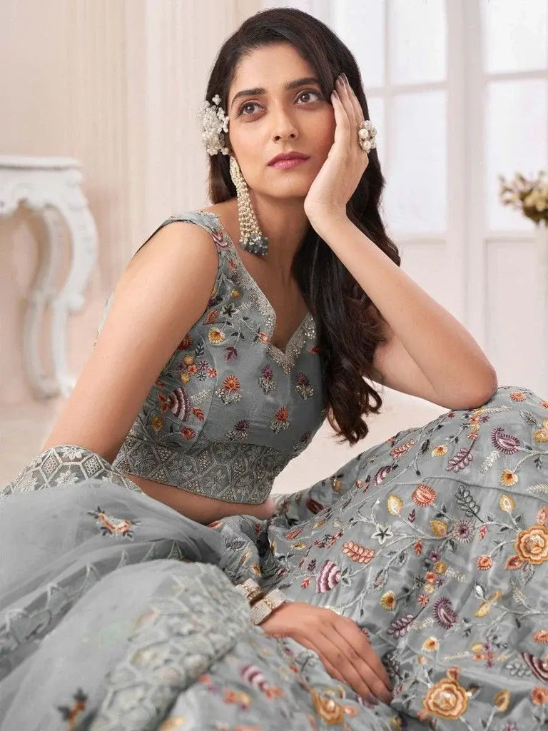 Exceptional Grey Floral Embroidered Art Silk Bridesmaid Lehenga Choli
