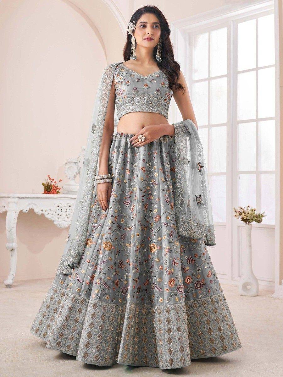 Grey floral embroidered lehenga choli with dupatta, perfect for weddings and festive occasions