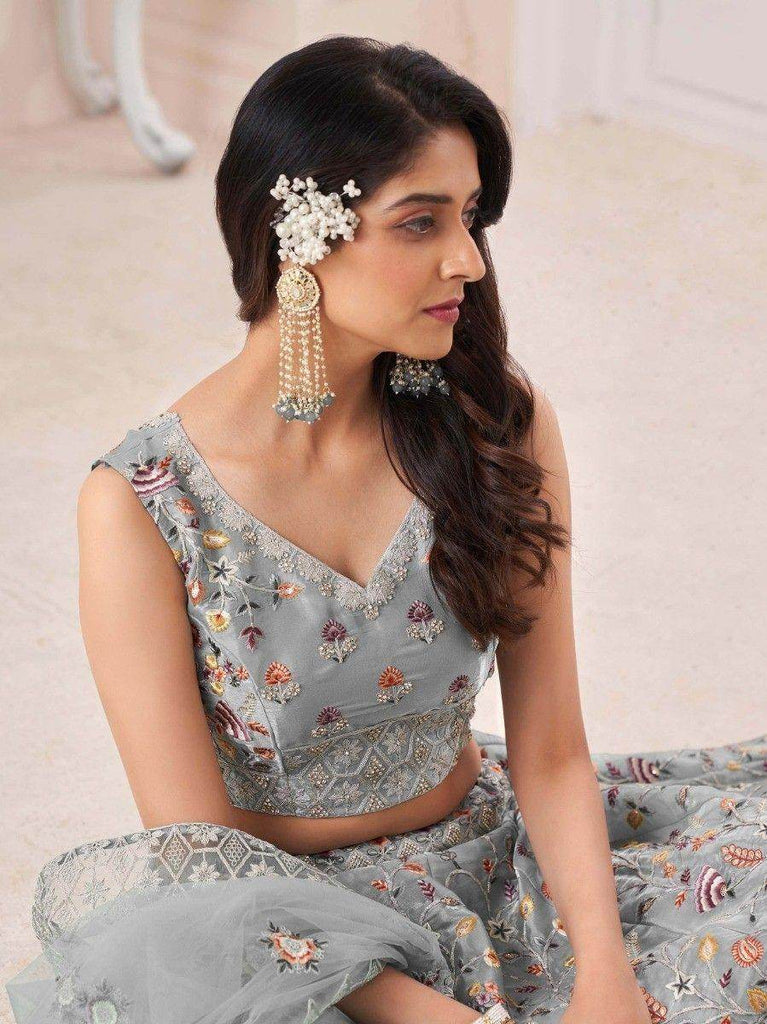 Exceptional Grey Floral Embroidered Art Silk Bridesmaid Lehenga Choli