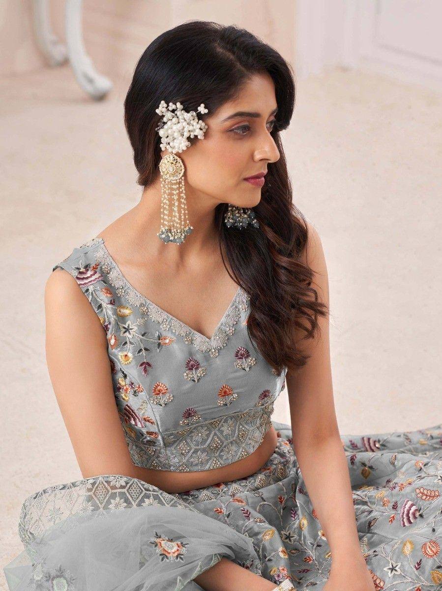 Grey floral embroidered lehenga choli with matching jewelry for Indian ethnic wear