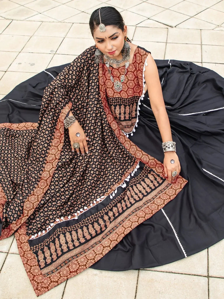 Exquisite Black Printed Cotton Navratri Lehenga Choli With Dupatta - Ethnic Plus In
