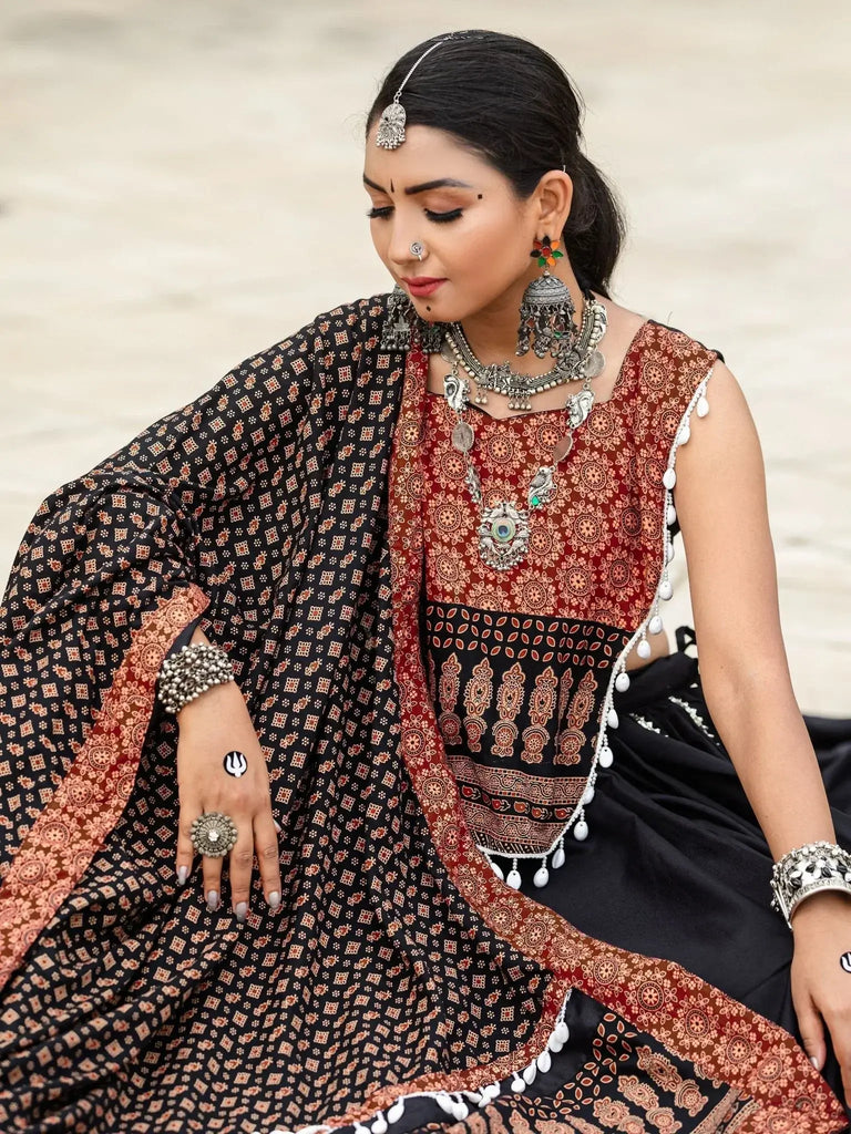 Exquisite Black Printed Cotton Navratri Lehenga Choli With Dupatta - Ethnic Plus In