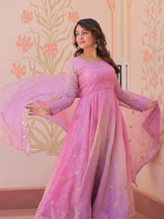 Exquisite Pink Organza Sequins Festival Wear Gown With Dupatta - Ethnic Plus In