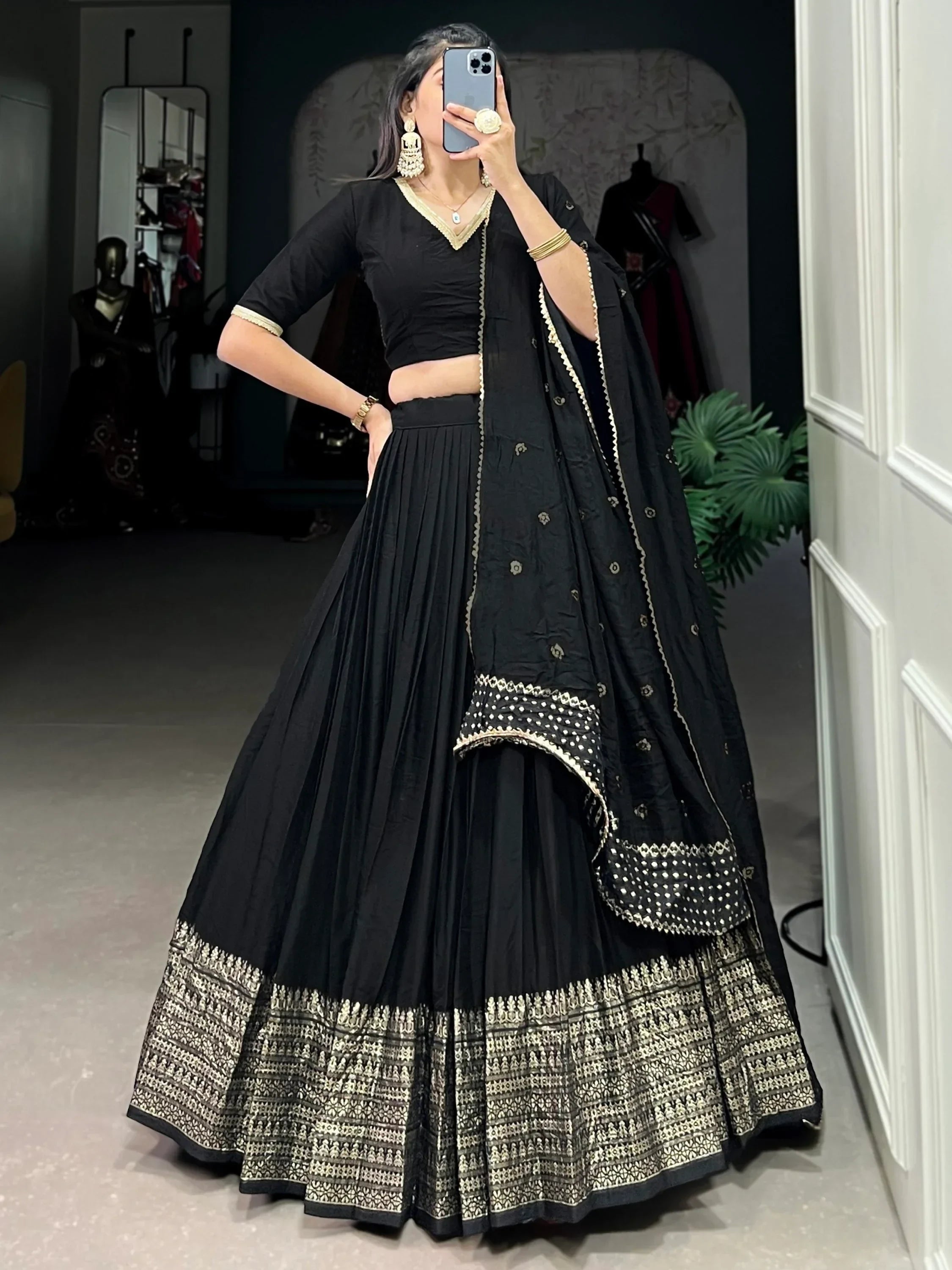 Eye - Catching Black Zari Weaving Chanderi Silk Event Wear Lehenga Choli - Ethnic Plus In