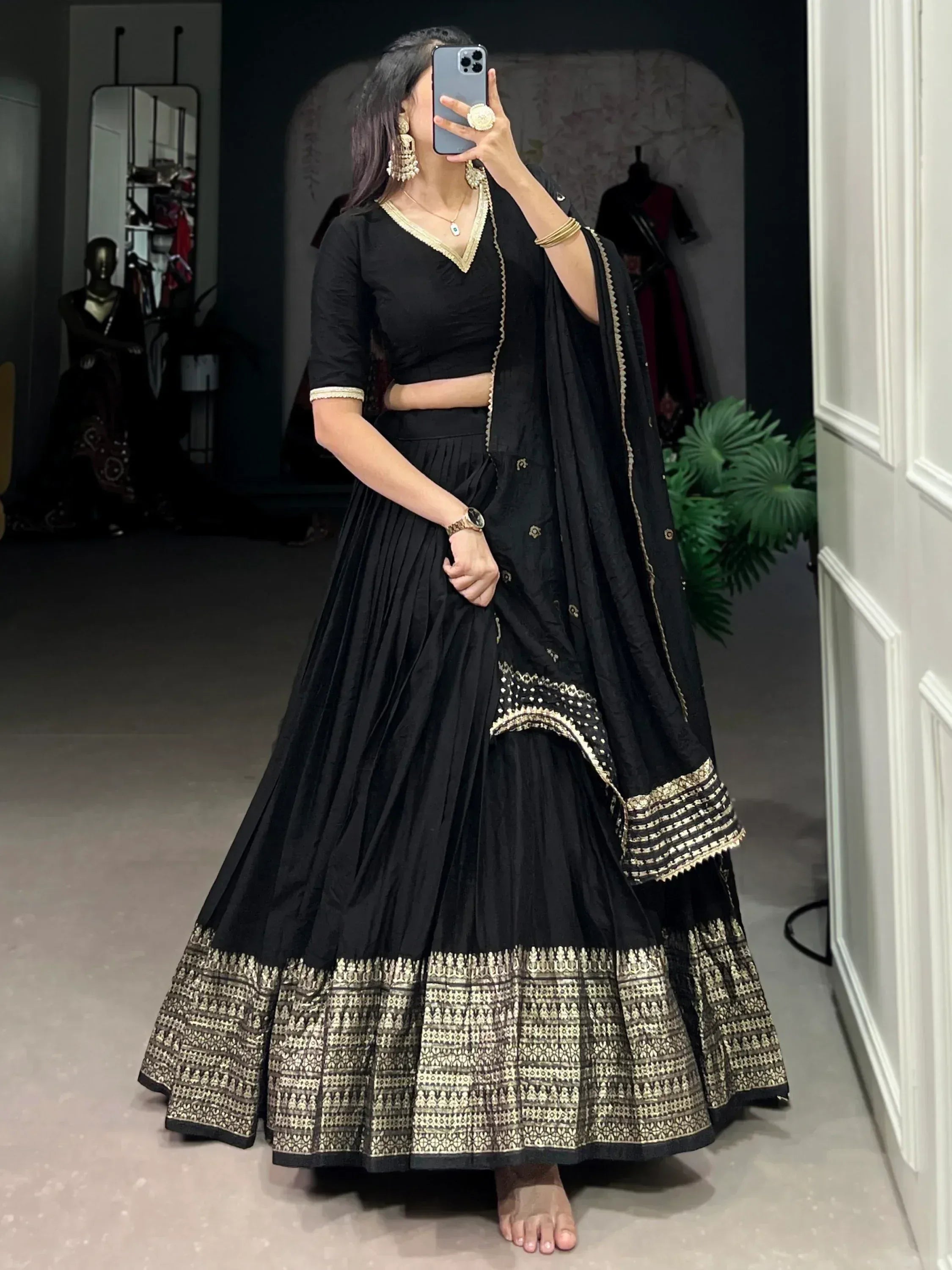 Black lehenga choli with gold embroidery, ethnic Indian wear for women