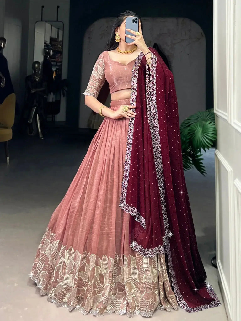 Eye - Catching Peach Sequins Organza Event Wear Lehenga Choli - Ethnic Plus In