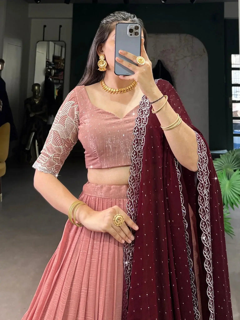 Eye - Catching Peach Sequins Organza Event Wear Lehenga Choli - Ethnic Plus In