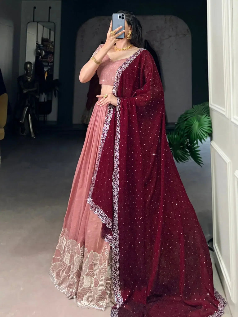 Eye - Catching Peach Sequins Organza Event Wear Lehenga Choli - Ethnic Plus In