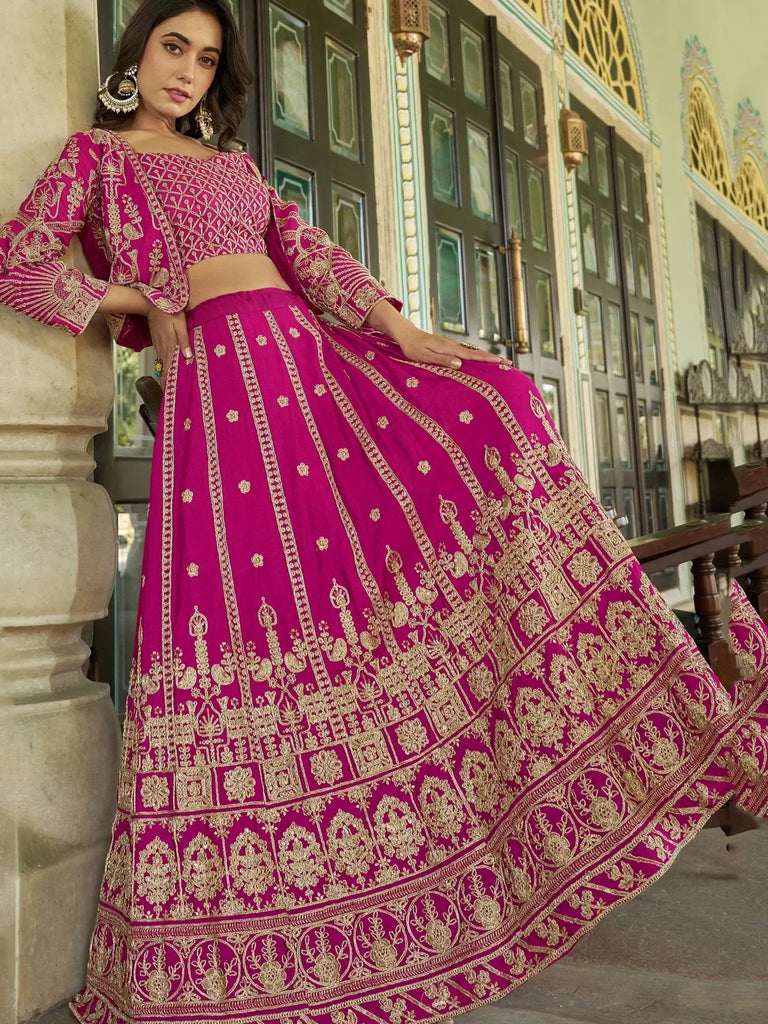 Eye - Catching Pink Embroidered Chinon Bridesmaids Lehenga Choli With Koti - Ethnic Plus In