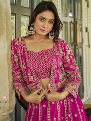 Eye - Catching Pink Embroidered Chinon Bridesmaids Lehenga Choli With Koti - Ethnic Plus In