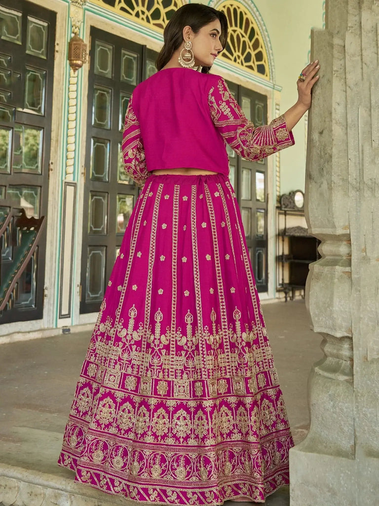 Eye - Catching Pink Embroidered Chinon Bridesmaids Lehenga Choli With Koti - Ethnic Plus In