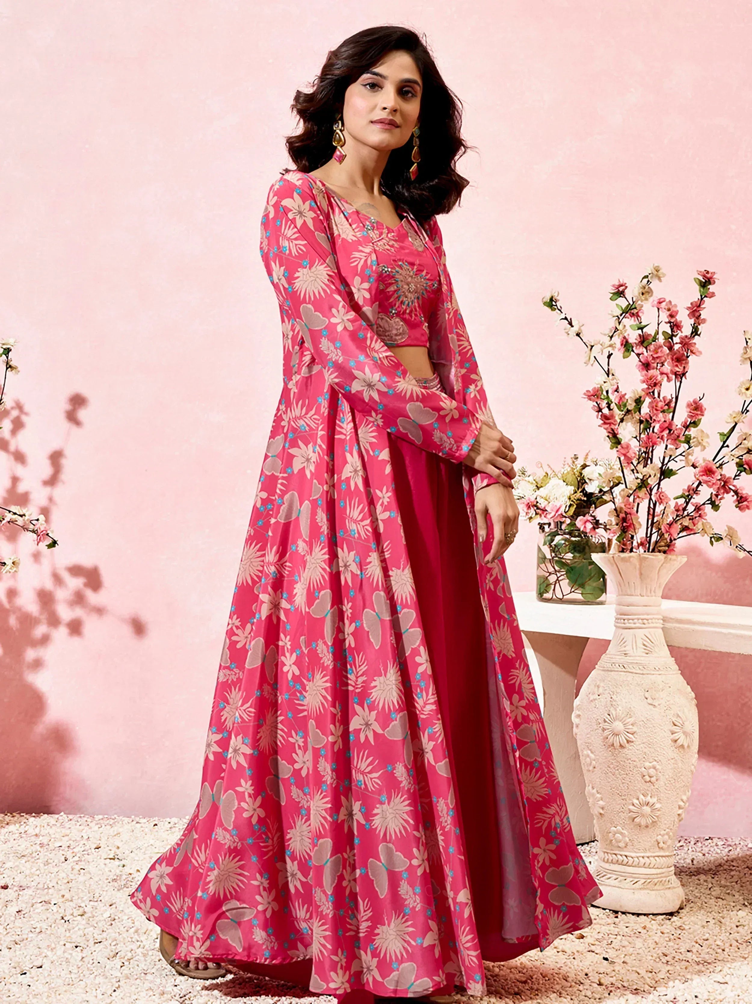 Pink floral print anarkali suit with embroidery, Indian ethnic wear for women