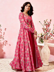 Eye - Catching Pink Floral Print Party Wear Crop Top Palazzo With Shrug - Ethnic Plus In