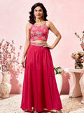 Eye - Catching Pink Floral Print Party Wear Crop Top Palazzo With Shrug - Ethnic Plus In