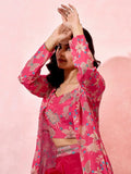 Eye - Catching Pink Floral Print Party Wear Crop Top Palazzo With Shrug - Ethnic Plus In