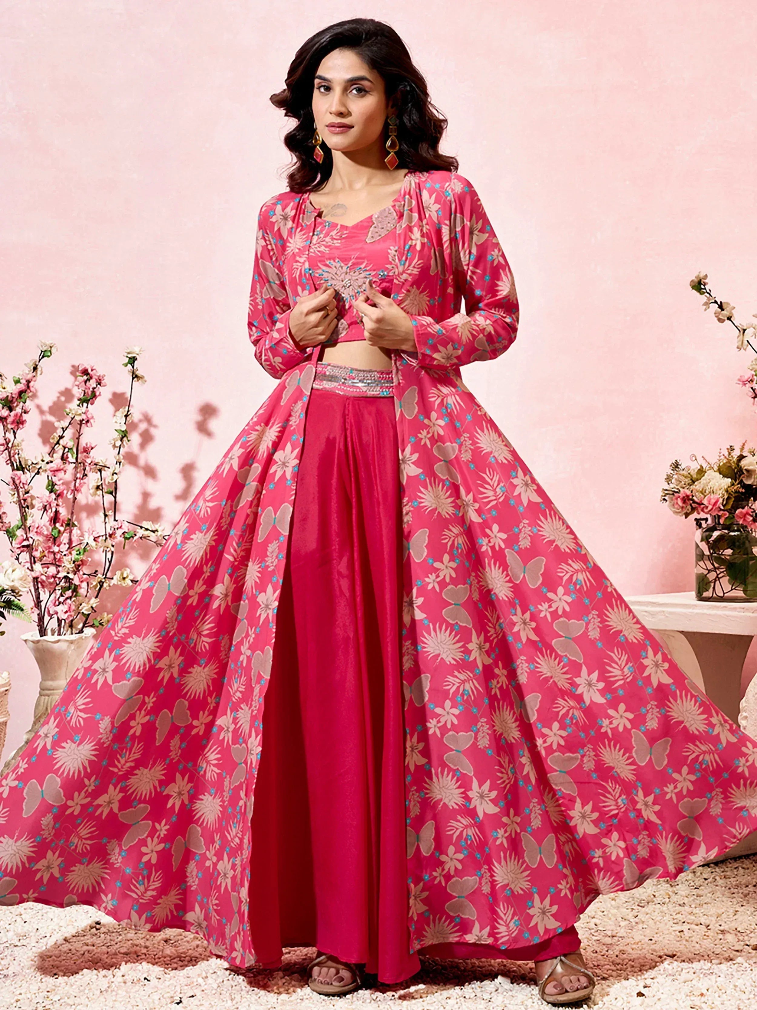 Pink floral print Indian lehenga choli with butterfly motifs, perfect for festive occasions and weddings
