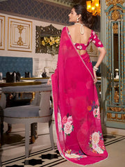 Eye - Catching Pink Floral Print Traditional Saree With Blouse - Ethnic Plus In