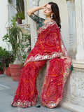 Eye - Catching Red Bandhani Print Wedding Wear Saree - Ethnic Plus In
