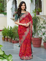 Eye - Catching Red Bandhani Print Wedding Wear Saree - Ethnic Plus In