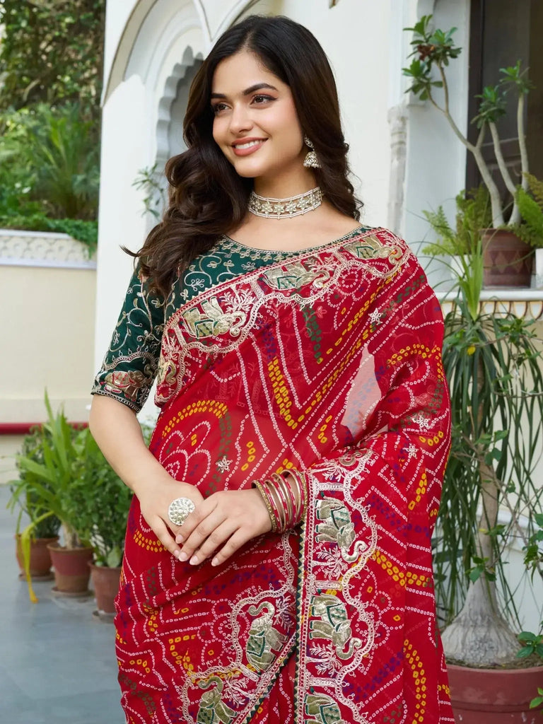 Eye - Catching Red Bandhani Print Wedding Wear Saree - Ethnic Plus In