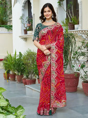 Eye - Catching Red Bandhani Print Wedding Wear Saree - Ethnic Plus In